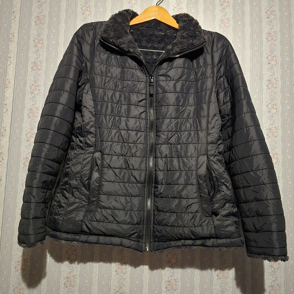 Halitech Jacket L Puffer Women Black Quilt Reversible Fur Rose Swirl Lined Zip